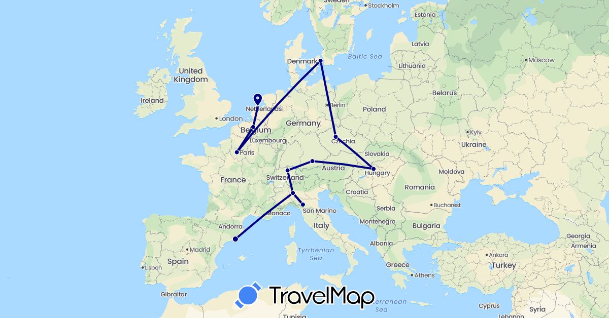 TravelMap itinerary: driving in Belgium, Switzerland, Czech Republic, Germany, Denmark, Spain, France, Hungary, Italy, Netherlands (Europe)